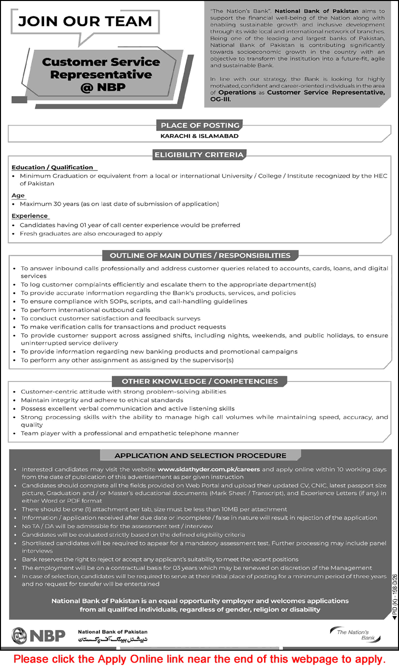 Customer Service Representative Jobs in National Bank of Pakistan July 2026 Apply Online NBP CSR Latest