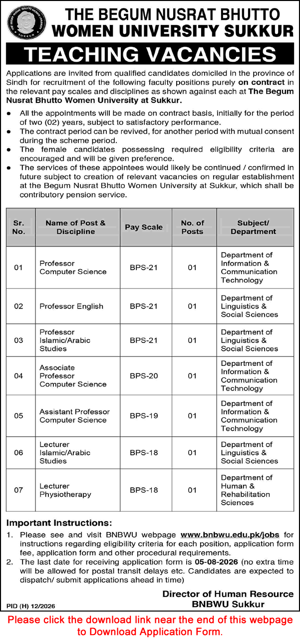 Begum Nusrat Bhutto Women University Sukkur Jobs July 2026 Application Form Teaching Faculty BNBWU Latest