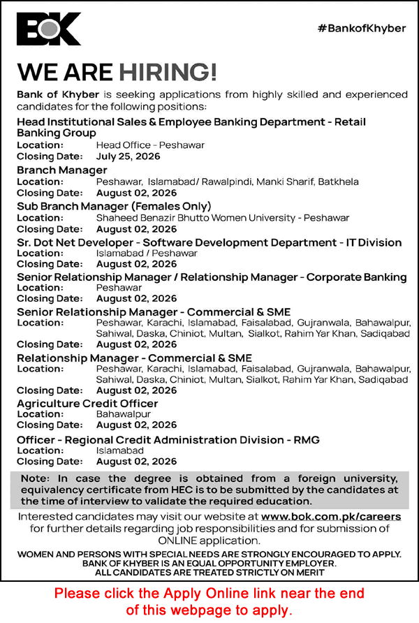 Bank of Khyber Jobs July 2026 Apply Online Relationship Managers, Branch Managers & Others BOK Latest