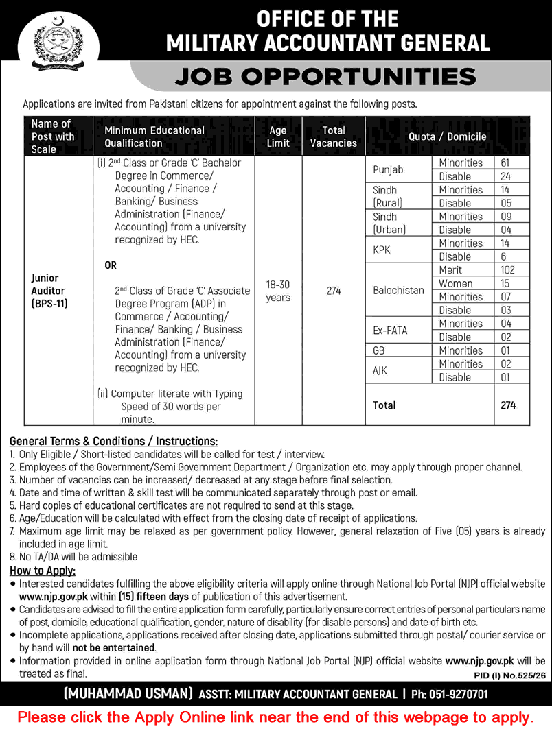 Junior Auditor Jobs in Office of the Military Accountant General Pakistan 2026 July Apply Online Latest
