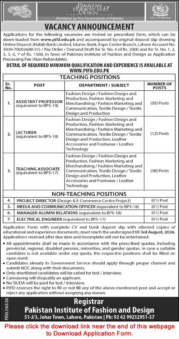 Pakistan Institute of Fashion Design Lahore Jobs July 2026 Application Form Teaching Faculty & Others PIFD Latest