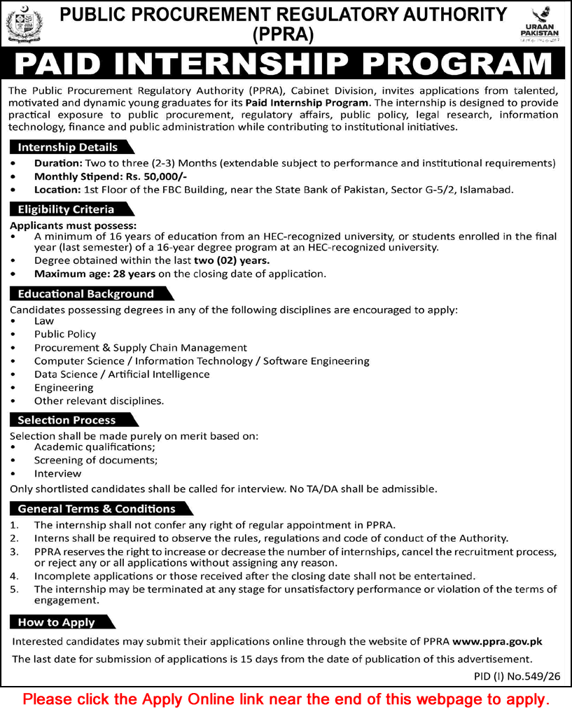 PPRA Internship Program 2026 July Apply Online Public Procurement Regulatory Authority Jobs Latest