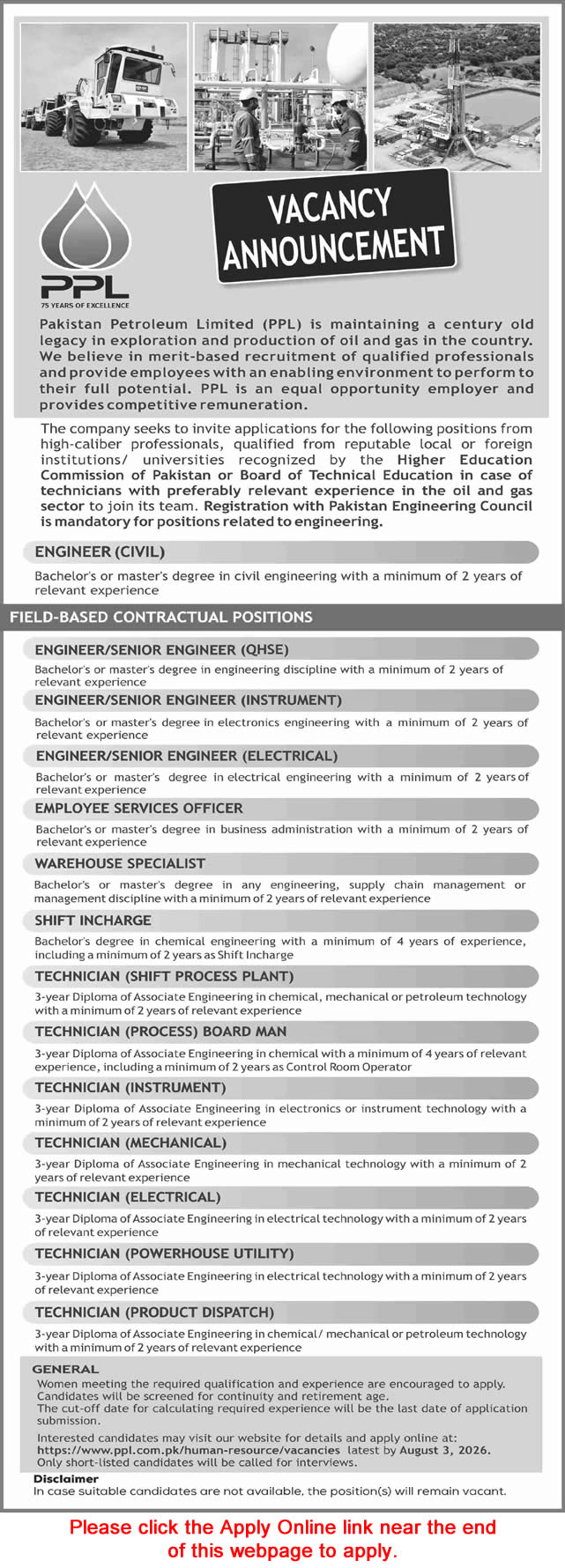 Pakistan Petroleum Limited Jobs July 2026 PPL Apply Online Technicians, Engineers & Others Latest