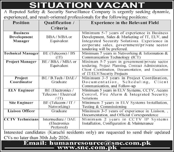 Security n Communications Pvt Ltd Karachi Jobs 2026 July CCTV Technicians, Site Engineer & Others SNC Latest
