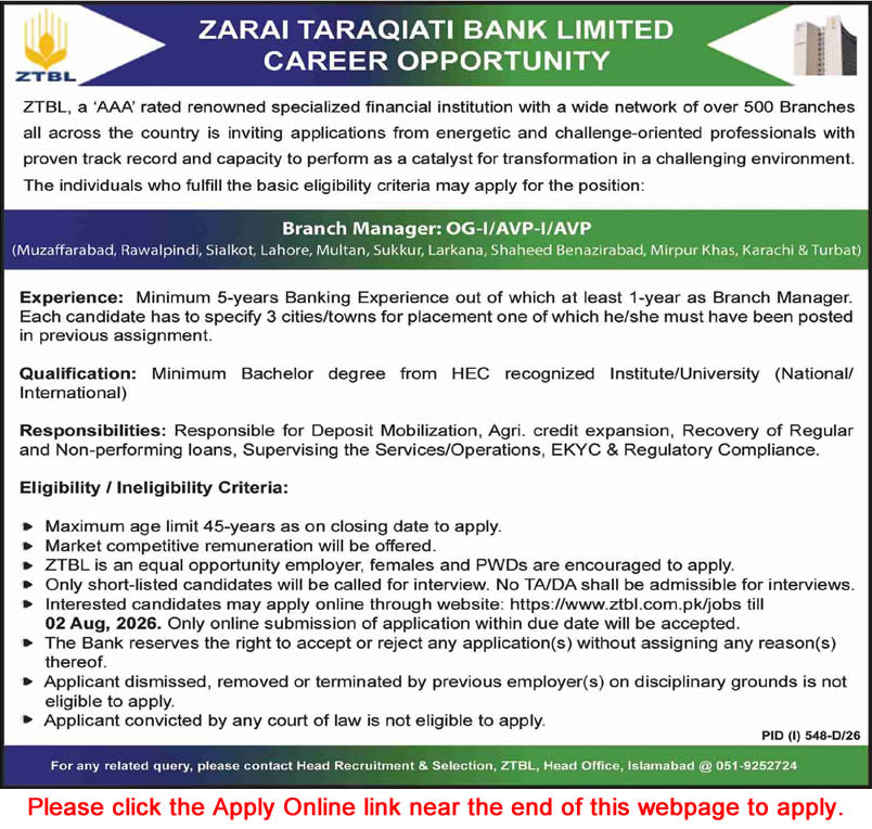 Branch Manager Jobs in ZTBL July 2026 Apply Online Zarai Taraqiati Bank Limited Latest