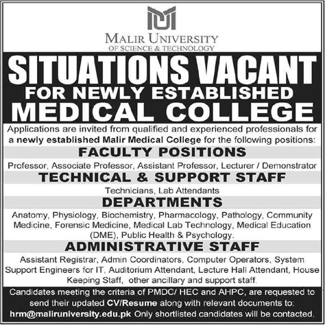 Malir Medical College Karachi Jobs July 2026 August Teaching Faculty & Others Latest