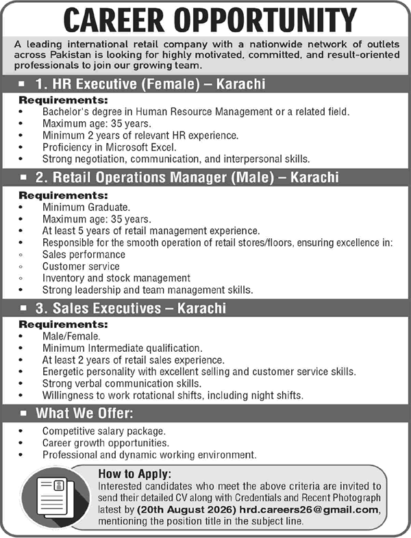 Sales / HR Executives & Retail Operations Manager Jobs in Karachi 2026 July / August International Retail Company Latest
