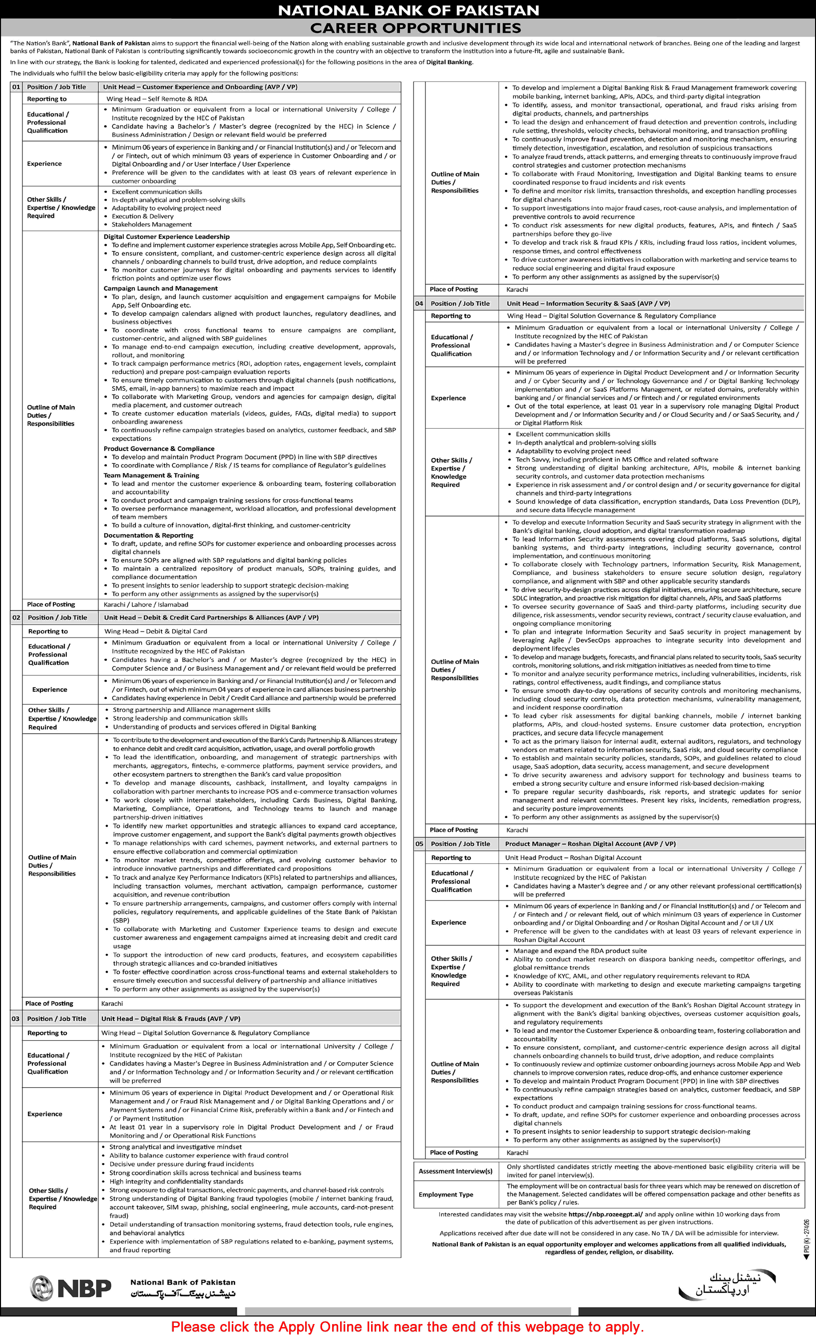 National Bank of Pakistan Jobs July 2026 August Apply Online Unit Heads & Product Manager NBP Latest