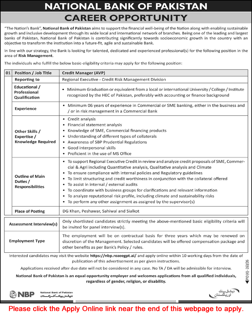 Credit Manager Jobs in National Bank of Pakistan July 2026 August Apply Online NBP Latest