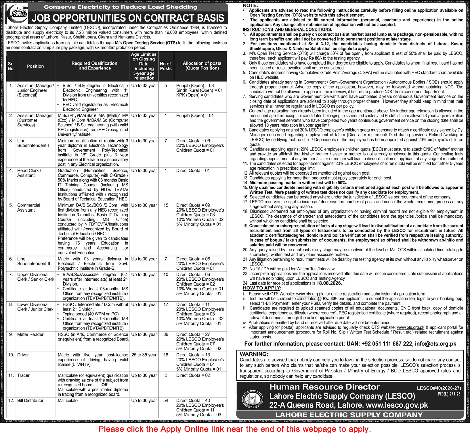 LESCO Jobs August 2026 OTS Apply Online WAPDA Bill Distributors, Meter Readers & Others Latest