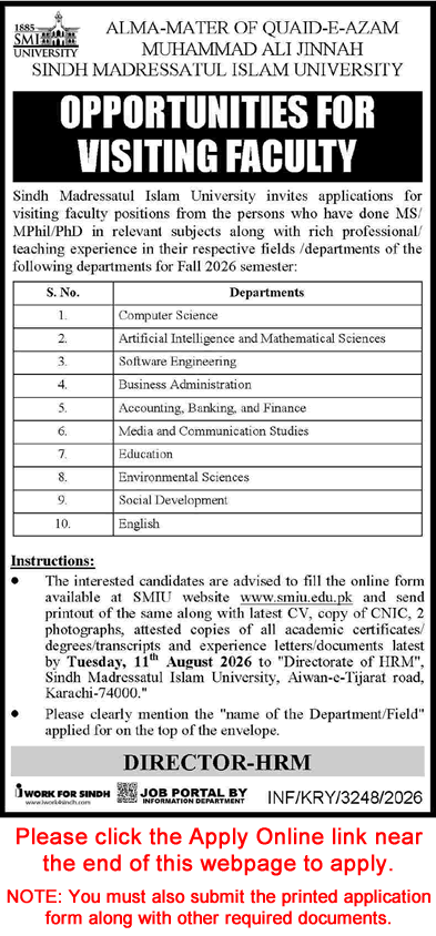 Teaching Faculty Jobs in Sindh Madressatul Islam University Karachi August 2026 SMIU Apply Online Latest