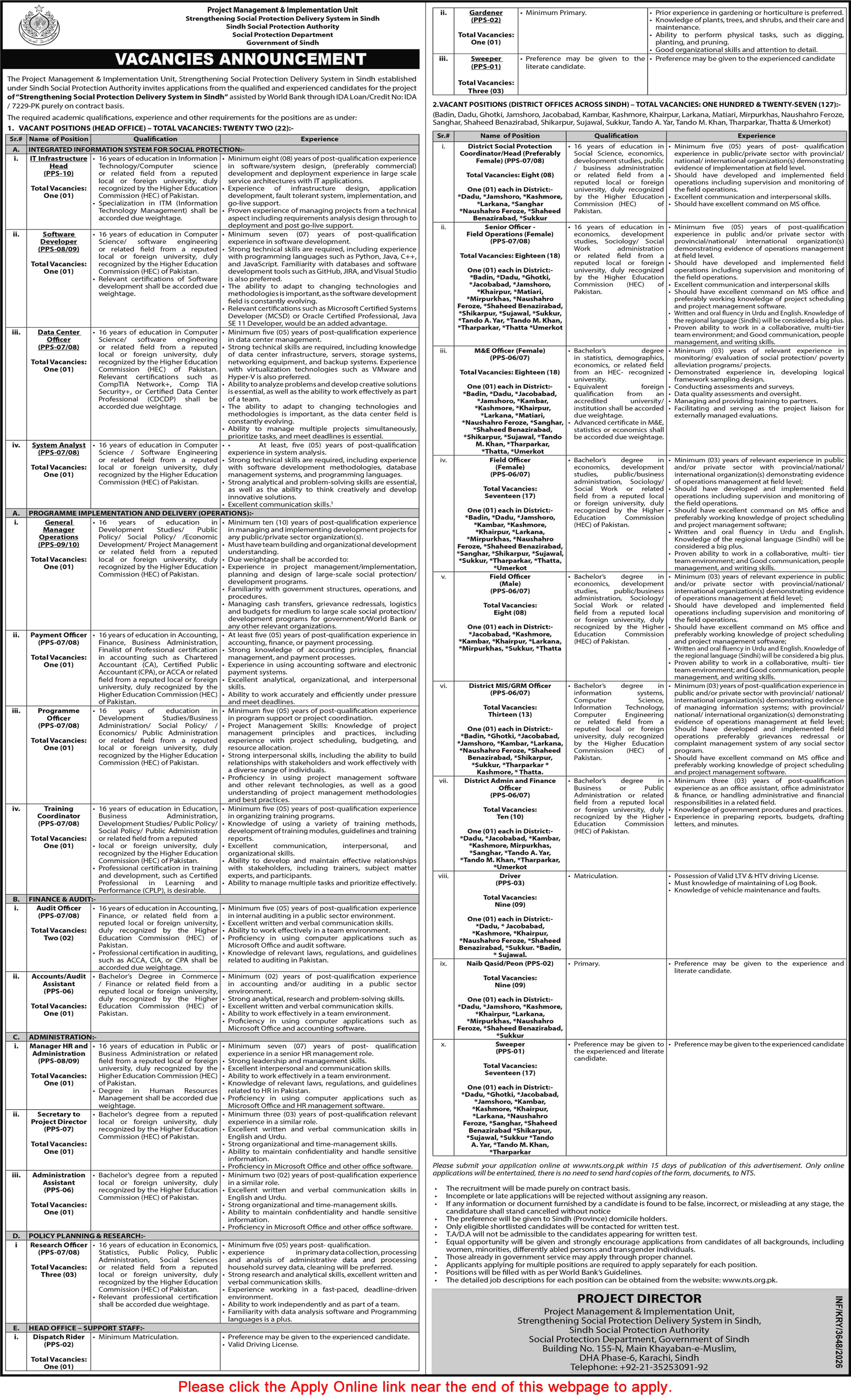 Sindh Social Protection Authority Jobs 2026 August NTS Apply Online Field Officers, M&E Officers, Sweepers & Others Latest