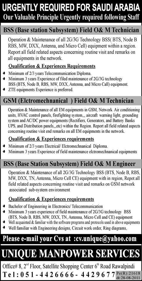 Urgently Required For Saudi Arabia