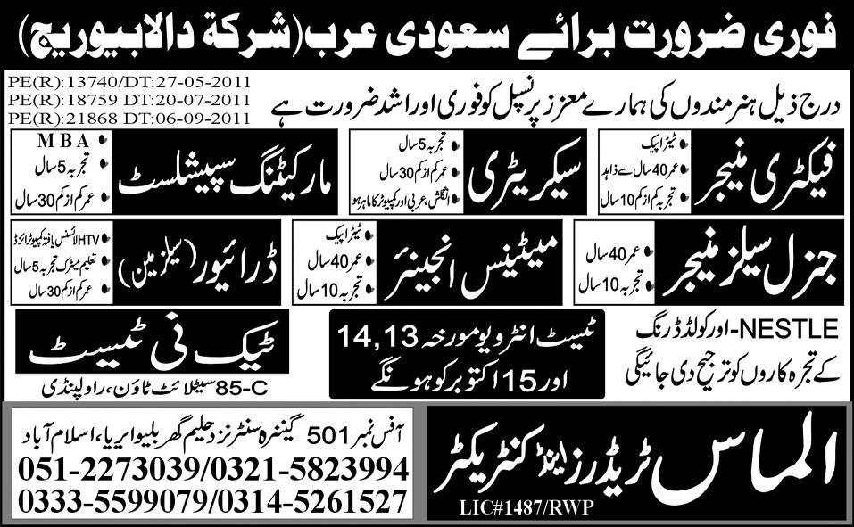 Urgently Required For Saudi Arabia
