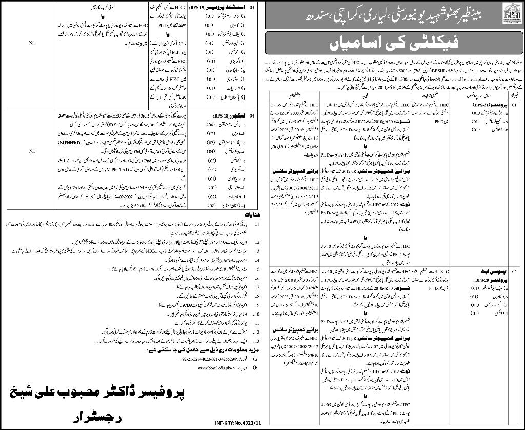 Benazair Bhutto Shaheed University Karachi Required Faculty