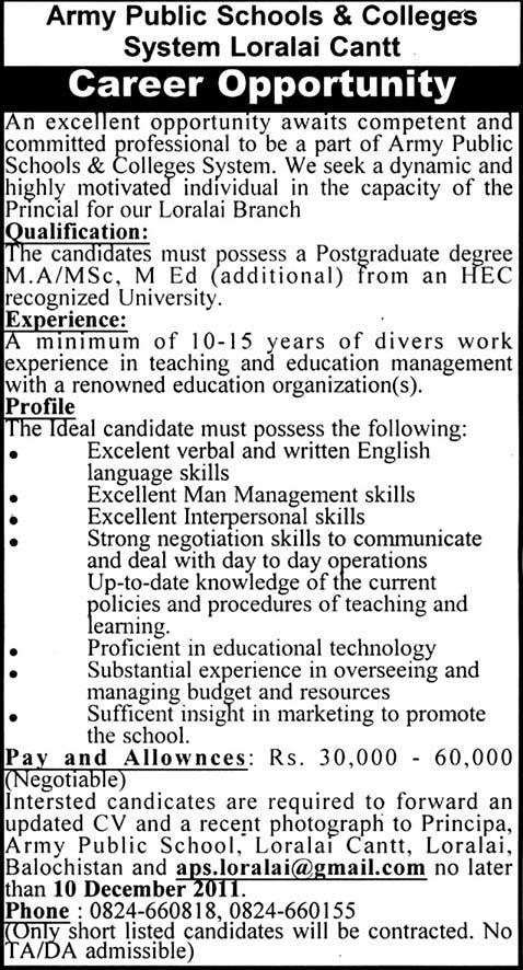 Army Public Schools & Colleges System Loralai Cantt Job Opportunities