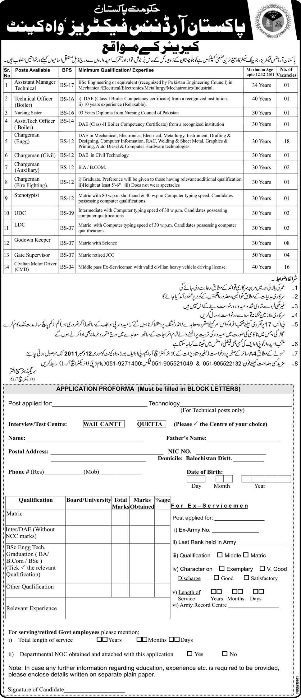 Pakistan Ordnance Factories Wah Cantt Jobs Opportunities