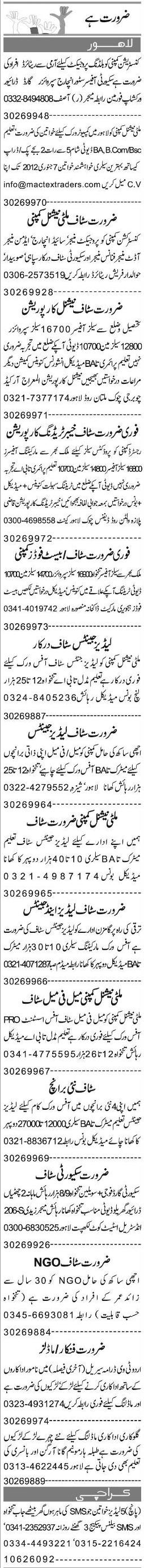 Misc. Jobs in Lahore Express Classified