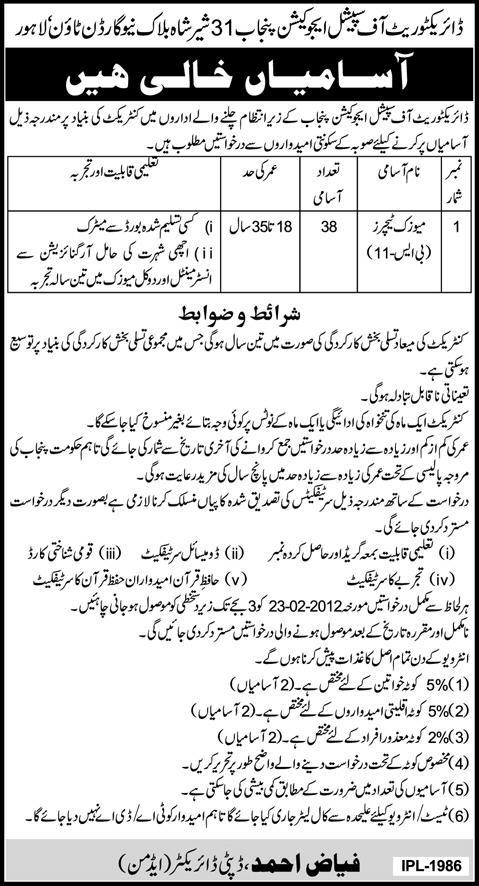Directorate of Special Education Punjab, Lahore Required Music Teachers