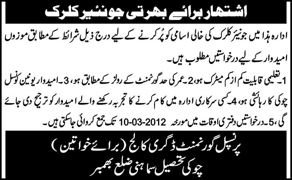 Government Degree College for Women, District Bhimber Requires Junior Clerk