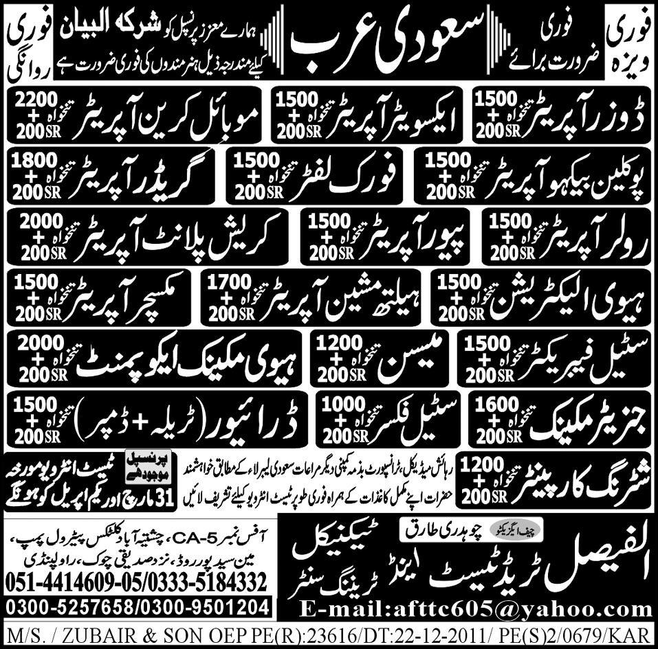 Operators, Mason and Supporting Staff Jobs