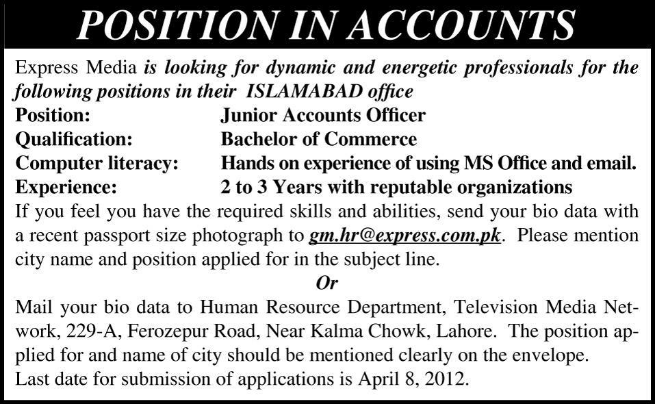 Express Media Requires Junior Accounts Officer