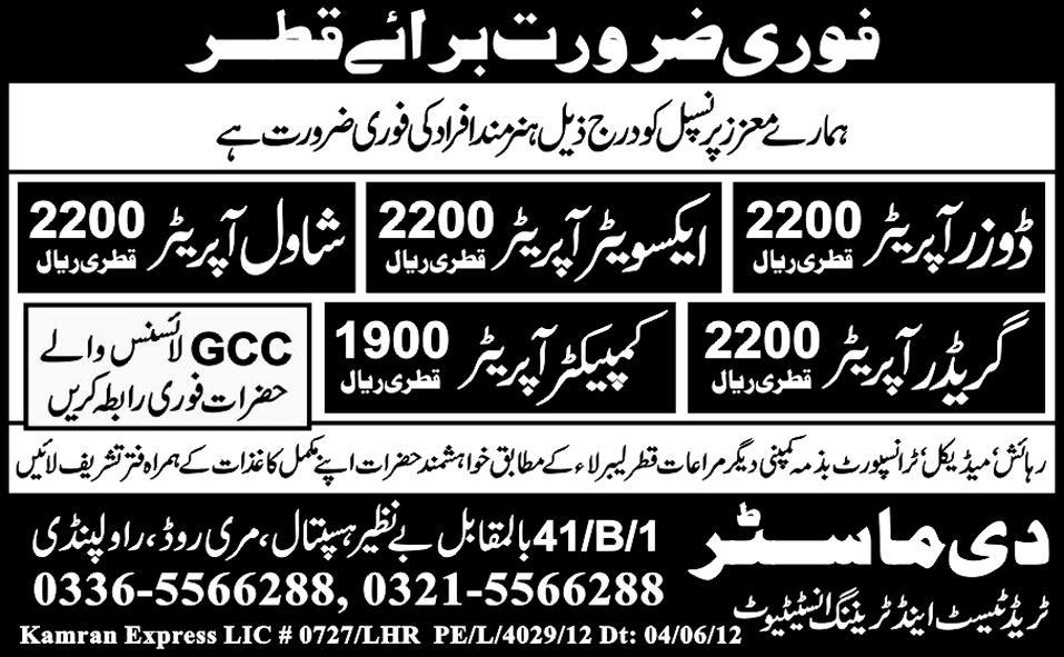 Construction Operators Required by The Master Trade Test & Training Institute