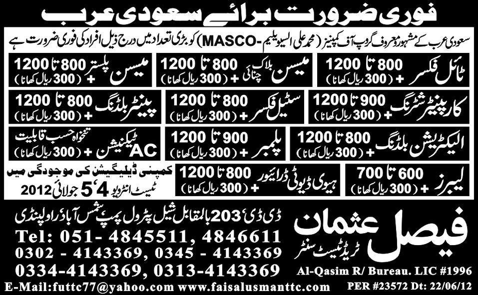 AC Technician and Construction Staff Required by Faisal Usman Trade Test Centre for Saudi Arabia
