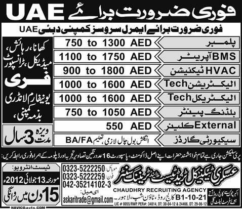 Technical Staff and Security Guard Required for UAE