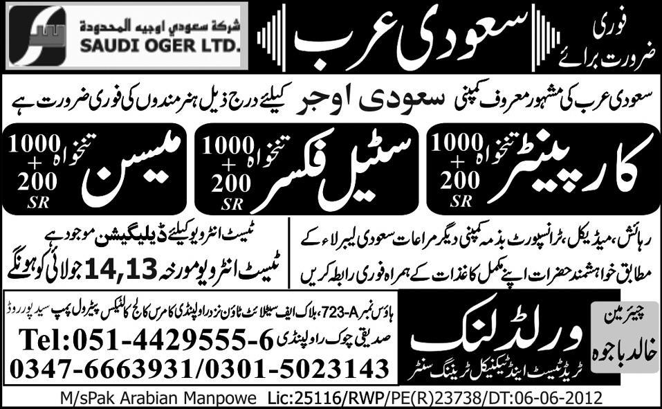 Steel Fixer, Carpenter and Mason (Raj) Required by World Link Trade Test and Technical Training Centre