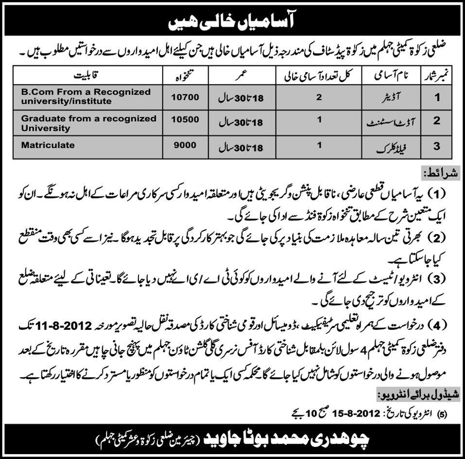 Zakat Paid Staff Required at District Zakat Committee Jhelum
