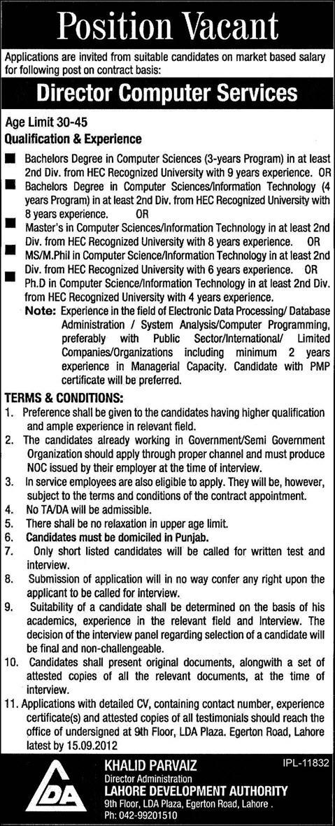 LDA Lahore Development Authority Requires Director Computer Services (Government jobs)