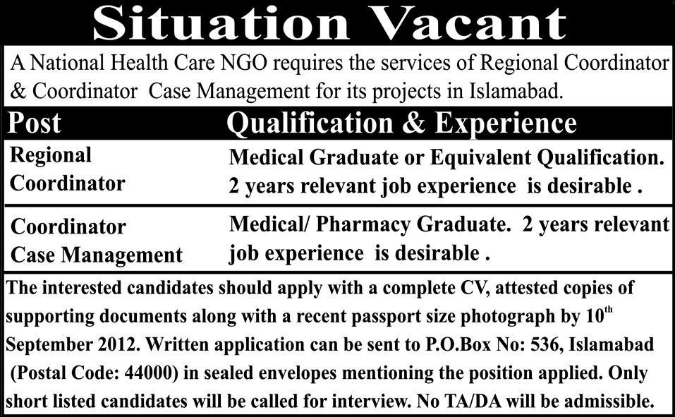 An NGO Requires Regional Coordinator and Coordinator Case Management (NGO Jobs)