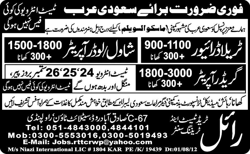 Grader Operator and Drivers Required by Royal Trade Test Centre for Saudi Arabia