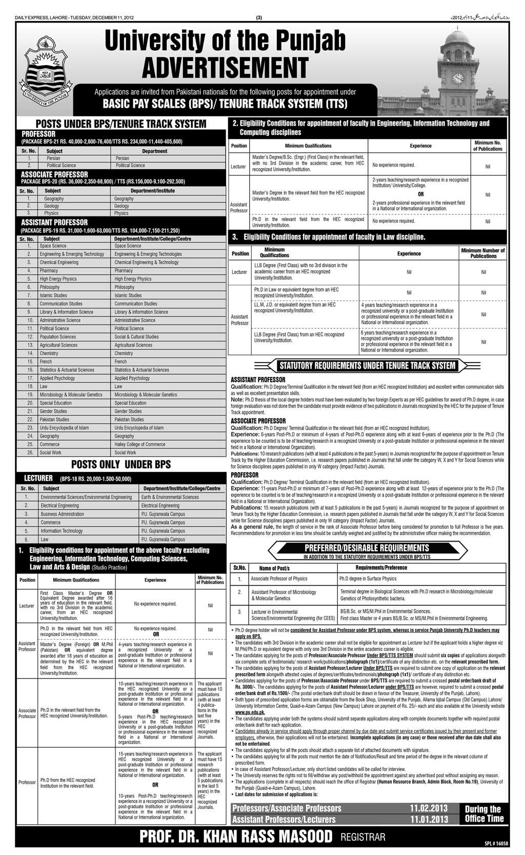 Jobs in Punjab University Lahore 2012 December