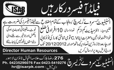 Institute of Survey And Research (ISAR) Jobs for Field Officers