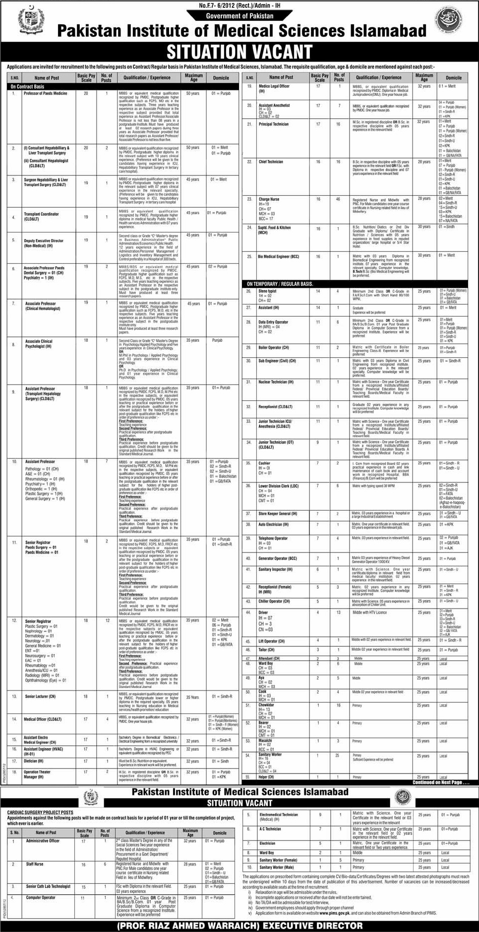 PIMS Hospital Islamabad Jobs 2012 Latest 23-December-2012 Express Newspaper