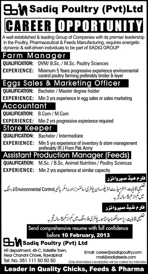 Sadiq Poultry Jobs 2013 Latest Advertisement