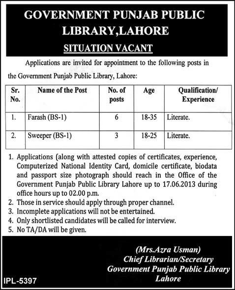 Government Punjab Public Library Lahore Jobs 2013 June Latest Advertisement for Farash & Sweeper
