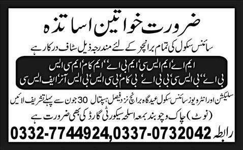 The Science School Jobs in Multan 2014 June for Teachers & Security Guard