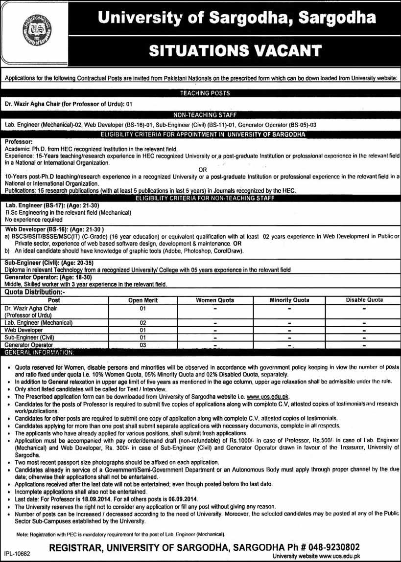 University of Sargodha Jobs 2014 August for Urdu Professor & Non-Teaching Staff