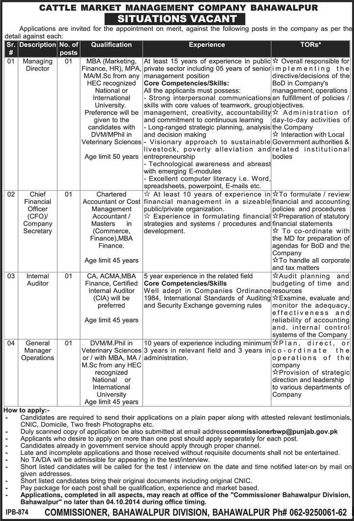 Cattle Market Management Company Bahawalpur Jobs 2014 MD, CFO, Internal Auditor & GM Operations