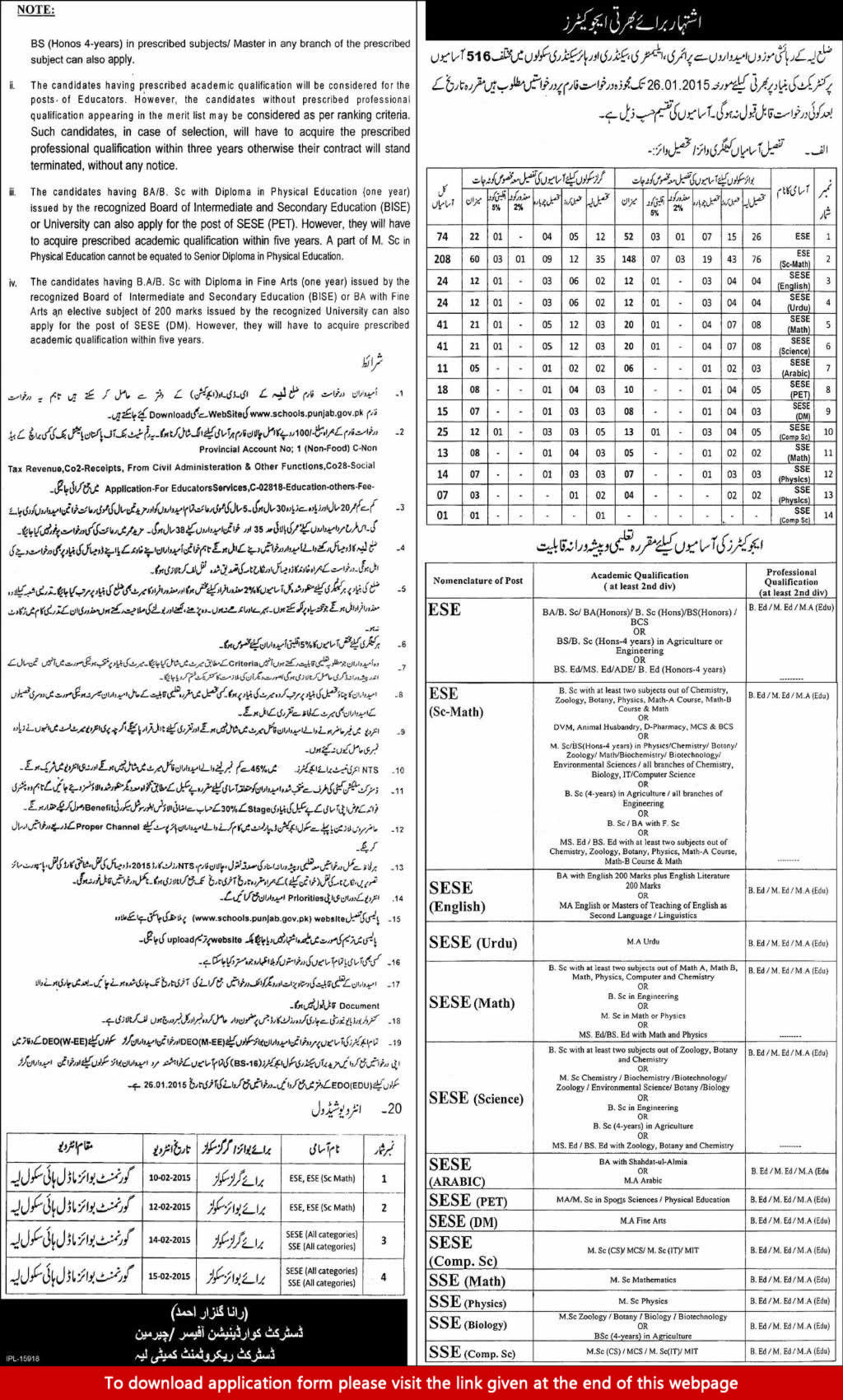 Educators Jobs in District Layyah 2014 December Application Form Punjab School Education Department