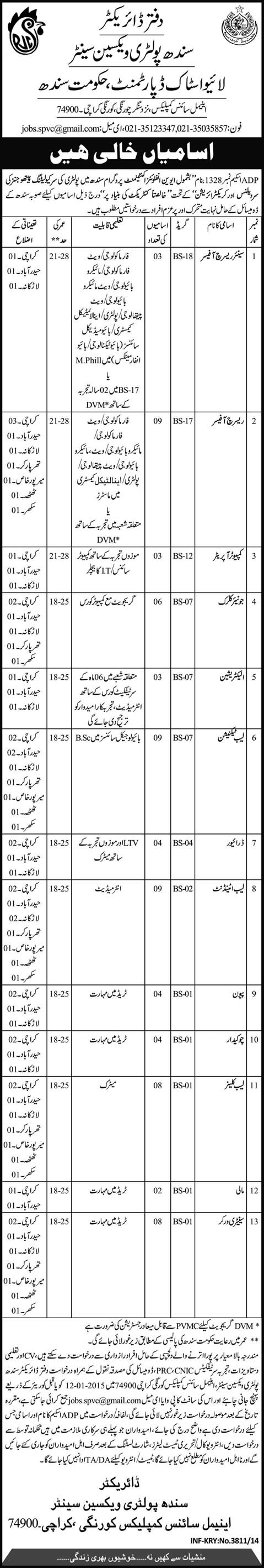Sindh Poultry Vaccine Centre Jobs 2014 December Livestock Department Karachi & Other Cities