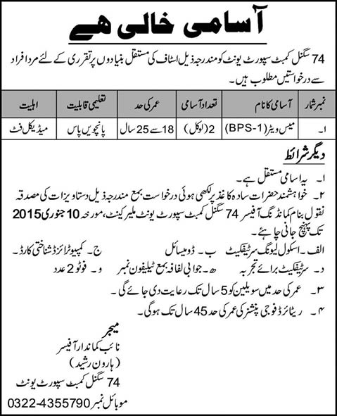 Mess Waiter Jobs in Malir Cantt Karachi 2015 at 74 Signal Cambit Support Unit
