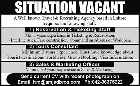 Sales & Marketing Officer, Tour Consultant and Ticketing Staff Jobs in Lahore 2015 March Latest
