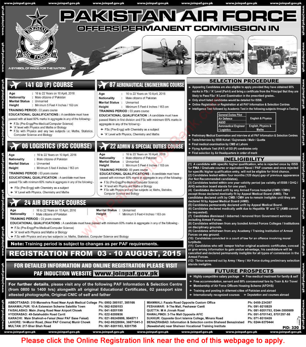 Join Pakistan Air Force August 2015 Permanent Commission in PAF Online Registration Latest