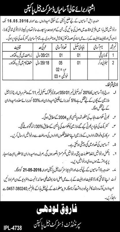 District Jail Pakpattan Jobs 2016 April Sanitary Workers & Garden Coolie Latest