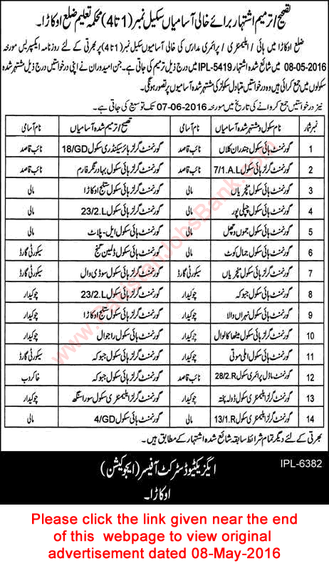 Education Department Okara Jobs May 2016 Last / Closing Date Extension & Corrigendum Latest