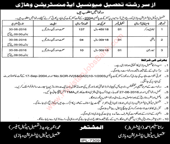 TMA Vehari Jobs 2016 June Sanitary Workers, Sewerman & Mashki Tehsil Municipal Administration Latest